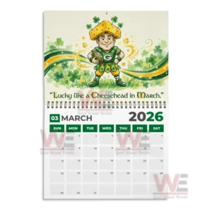 A march calendar page showing a smiling character in a cheese hat surrounded by clovers and festive green artwork!