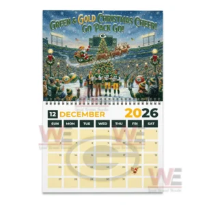 Green Bay Packers NFL 2026 Wall Calendar 7 Christmas scene at Lambeau Field with large tree players fans and Santa flying overhead!