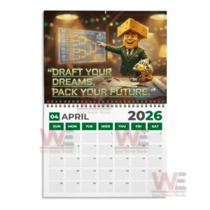 An april calendar page showing a character in a cheese hat pointing at a glowing draft board in a warm lit room!