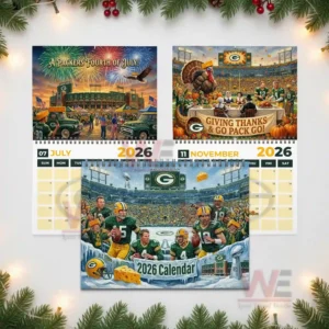 Green Bay Packers NFL 2026 Wall Calendar 8 Calendar pages with July fireworks Thanksgiving scene and snowy Packers cover featuring players!