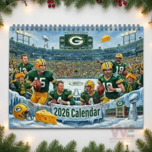 Green Bay Packers NFL 2026 Wall Calendar 9 Legendary Packers players in snowy Lambeau Field surrounded by cheering fans and team symbols!
