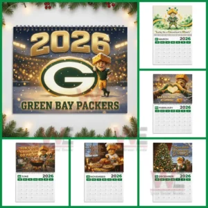 A set of illustrated calendar pages featuring the green bay packers mascot character in themed seasonal scenes for the year two thousand twenty six!