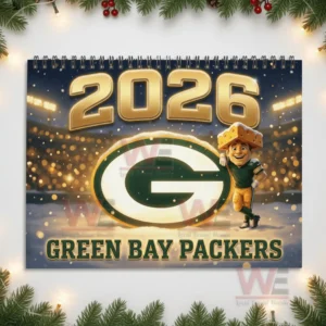 A calendar cover showing the green bay packers logo large golden numbers for two thousand twenty six and a smiling character in a cheese hat!