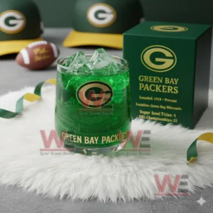 Green Bay Packers 4x Super Bowl Whiskey Glass 5 A Packers glass with green ice beside a team box surrounded by hats a football and ribbon decor!