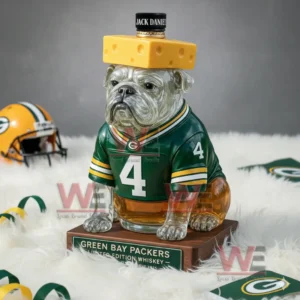 A bulldog bottle in a green Packers jersey with a cheese hat placed on a white rug near a Packers helmet!