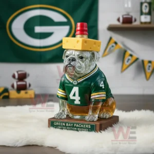 A Packers themed bulldog bottle with a cheese hat and red cap displayed on a white rug in a fan decorated room!