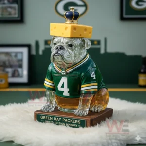 A bulldog bottle in a Packers jersey with a cheese hat and blue crown placed on a white rug among Packers memorabilia!