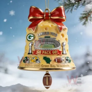 Cheese themed football bell ornament with stadium artwork red bow and hanging football in a snowy setting!