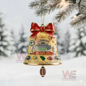 Green Bay Packers Cheese Bell Go Back Go Christmas Ornament 3 Cheese shaped football bell ornament hanging on a snowy tree branch with winter atmosphere!