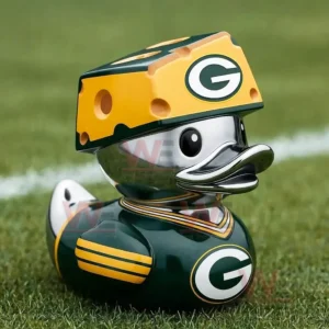 Green and yellow rubber duck with a cheese helmet and football style design displayed on grass in an outdoor sports setting!