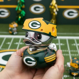 Green Bay Packers Cheesehead Duckie Rubber Duck 3 Rubber duck wearing a cheese helmet and green football uniform held by hands above a detailed football field display!
