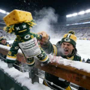 Green Bay Packers Cheesehead Game Day Dammit Doll 4 Angry Green Bay Packers fan holding a cheesehead dammit doll over a snow covered stadium railing!
