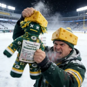 Green Bay Packers Cheesehead Game Day Dammit Doll 5 Green Bay Packers fan with a cheesehead hat holding up a cheesehead dammit doll in a snowy stadium!