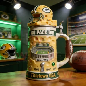 Cheese themed football beer stein with helmet lid and stadium artwork displayed in a team themed room!