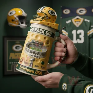Green Bay Packers Go Back Go Cheese Beer Stein 3 Hands holding a cheese themed football beer stein with stadium artwork in a memorabilia room!