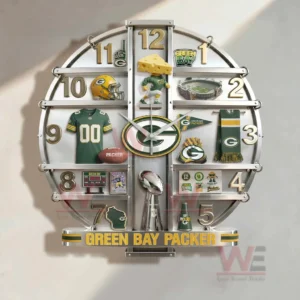 Three dimensional Green Bay Packers wall clock with green yellow and silver team theme football memorabilia and strong decorative structure!