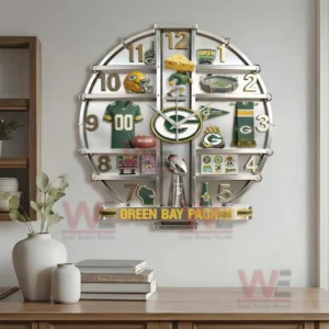 Green Bay Packers Home Decorative 3D Wall Clock 6 Green Bay Packers decorative wall clock displayed in a modern living room with wooden furniture and clean interior styling!