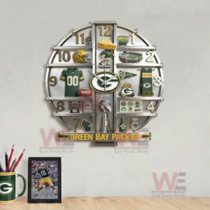 Green Bay Packers Home Decorative 3D Wall Clock 8 Green Bay Packers wall clock above a desk with football photo mug and clean workspace decor!
