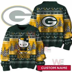 A front and back view of a green and gold holiday sweater featuring a festive character winter trees decorative patterns and a large team emblem with customizable name space!