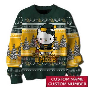 A front view of a green and gold holiday sweater with a festive character winter trees and repeating decorative patterns!