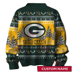 A back view of a green and gold holiday sweater with a large team emblem customizable name area winter trees and decorative festive patterns!