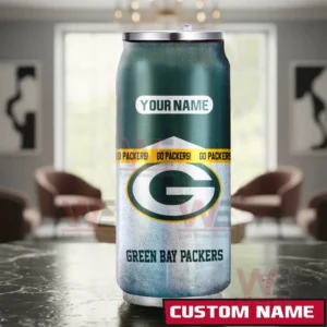 A custom Green Bay Packers can shaped tumbler placed in a living room setting with bold team colors and a space for text personalization!