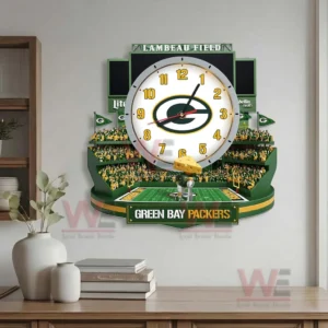 Green Bay Packers Stadium Decorative 3D Wall Clock 5 Green Bay Packers themed wall clock showcased in a modern living space with clean lines and team pride!