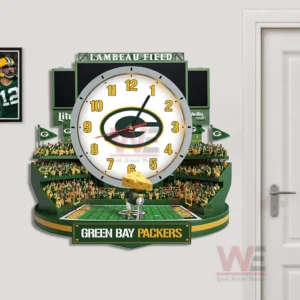 Green Bay Packers Stadium Decorative 3D Wall Clock 6 Green Bay Packers stadium wall clock hanging near a door emphasizing bold sports decor and team identity!
