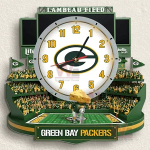 Green Bay Packers Stadium Decorative 3D Wall Clock 7 Green Bay Packers decorative wall clock presented as a premium stadium inspired centerpiece for devoted fans!