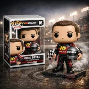Stylized NASCAR driver collectible figure wearing a number sixteen racing suit holding a checkered flag and helmet shown next to a Greg Biffle display box on a racetrack background!