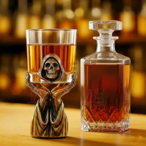 Grim Reaper Whiskey Holder 9 Grim reaper whiskey glass beside a crystal decanter on a bar counter!