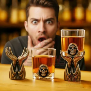 Grim Reaper Whiskey Holder 11 Grim reaper whiskey glass set on bar counter with surprised man in background!