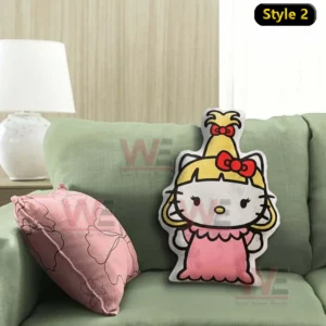 Grinch Hello Kitty Custom Shaped Pillow 7 Cartoon cat shaped pillow in a pink dress displayed on a green sofa!