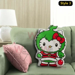 Grinch Hello Kitty Custom Shaped Pillow 8 Cartoon cat shaped pillow in green and red holiday outfit on a green sofa!