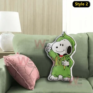 Grinch x Snoopy Custom Shaped Pillow 6 Dog character pillow in green hoodie standing on a sofa with a friendly pose!