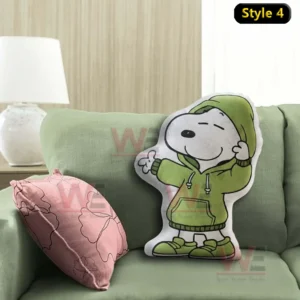 Grinch x Snoopy Custom Shaped Pillow 8 Dog character pillow in green hoodie with open arms resting on a green sofa!