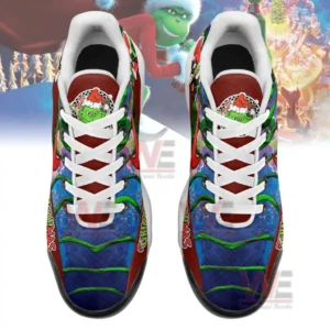 Grinchmas Air Max Plus Sneakers 7 Overhead view of colorful holiday themed sneakers with white laces and detailed artwork aligned neatly side by side!