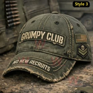 Distressed two tone baseball cap with Grumpy Old Man Club founding member text frayed dark brim and a skull patch on the side.