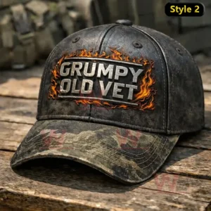 Olive green distressed cap with Grumpy Club patch No New Recruits text on the brim plus American flag and skull rank patches on the side.