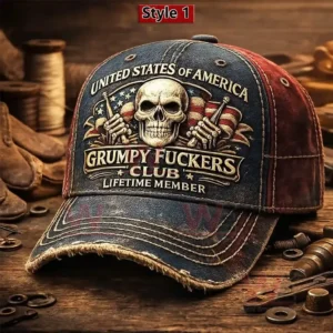 Distressed denim baseball cap with skull emblem and bold club text displayed on a wooden table!