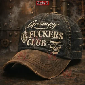 Dark distressed baseball cap with skull graphic bold lettering and rebellious visual style!