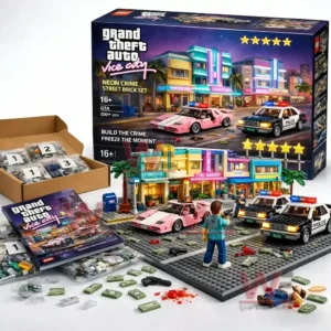Street building block set with city buildings cars figures money pieces and police scene displayed with packaging!