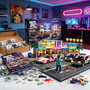 Colorful city building block scene displayed in a gaming room with neon lights and themed decorations!