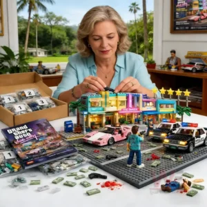 Adult building a street themed block set with city buildings cars figures and accessories on a table!