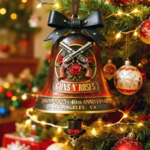 Rock themed bell ornament with revolvers roses and dramatic holiday styling!