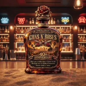 Decorative anniversary whiskey bottle standing on a bar surface with illuminated shelves in the background!