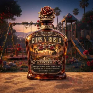 Guns N Roses 40Th Anniversary 1985-2025 Whiskey Bottle 3 Anniversary themed whiskey bottle positioned in a rose filled playground setting during sunset!