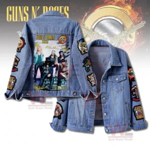 Front and back views of a blue denim jacket with Guns N Roses patches on the sleeves and a large Guns N Roses two zero two six graphic on the back.