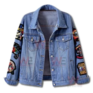 Blue denim jacket front view with button closure chest pockets and multiple Guns N Roses themed patches running down the sleeves.