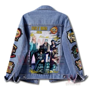 Back view of a blue denim jacket featuring a large Guns N Roses two zero two six poster style print and multiple band patches on the sleeves.